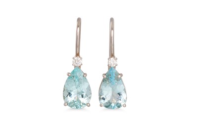 Lot 325 - A PAIR OF AQUAMARINE AND DIAMOND EARRINGS, the...