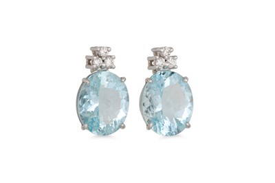 Lot 326 - A PAIR OF AQUAMARINE AND DIAMOND EARRINGS, the...