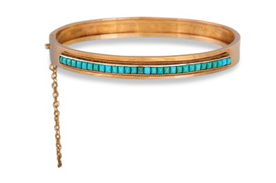 Lot 328 - AN ANTIQUE TURQUOISE BANGLE, in yellow gold,...