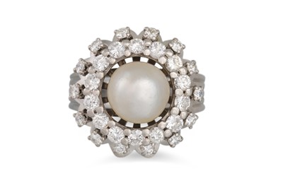 Lot 351 - A PEARL AND DIAMOND RING, the central pearl to...