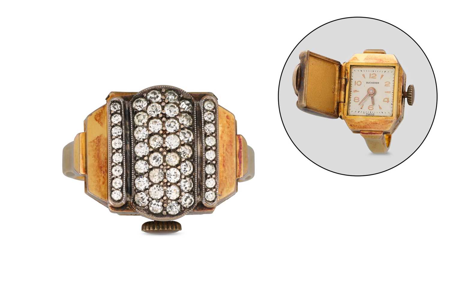 Lot 8 - A RETRO WATCH RING, by Bucherer, set with...