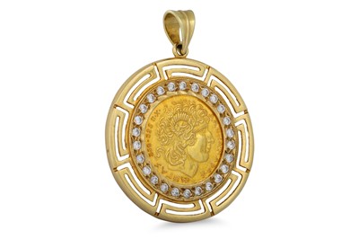 Lot 367 - A 14CT GOLD CZ SET GREEK STYLE MEDALLION, 11.6 g.