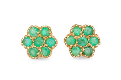 Lot 31 - A PAIR OF EMERALD CLUSTER EARRINGS, set with...