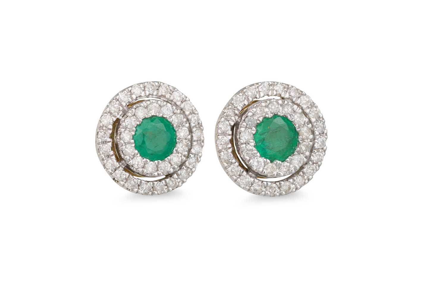 Lot 67 - A PAIR OF EMERALD AND DIAMOND CLUSTER EARRINGS,...