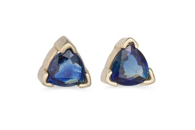 Lot 73 - A PAIR OF SAPPHIRE EARRINGS, the triangular...