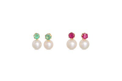 Lot 94 - TWO PAIRS OF GOLD CULTURED PEARL EARRINGS, one...