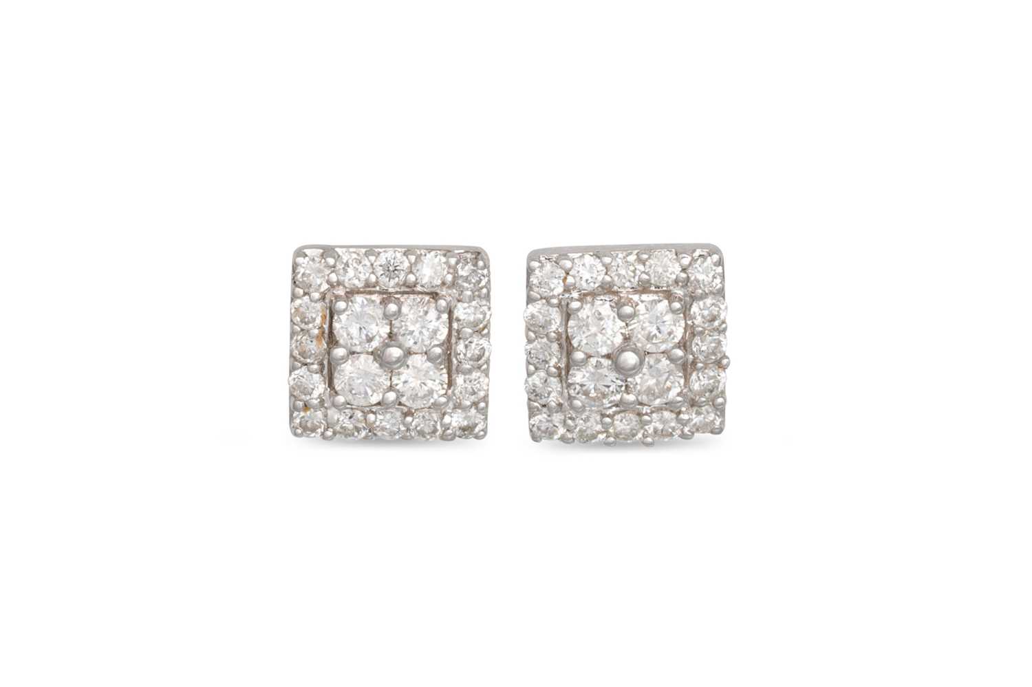 Lot 8 - A PAIR OF DIAMOND CLUSTER EARRINGS, of square...