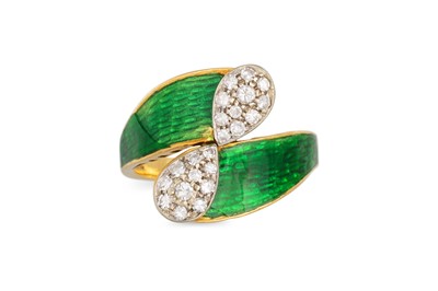 Lot 306 - A GREEN ENAMEL AND DIAMOND RING, of cross over...