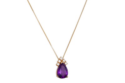 Lot 308 - AN AMETHYST AND DIAMOND PENDANT, the pear...