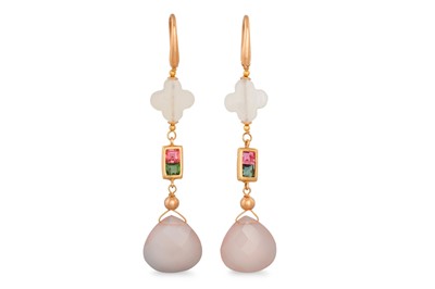 Lot 312 - A PAIR OF CHALCEDONY AND PINK TOURMALINE DROP...