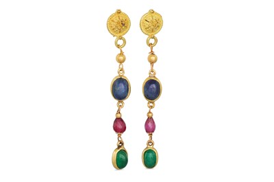 Lot 313 - A PAIR OF SAPPHIRE, EMERALD AND RUBY DROP...