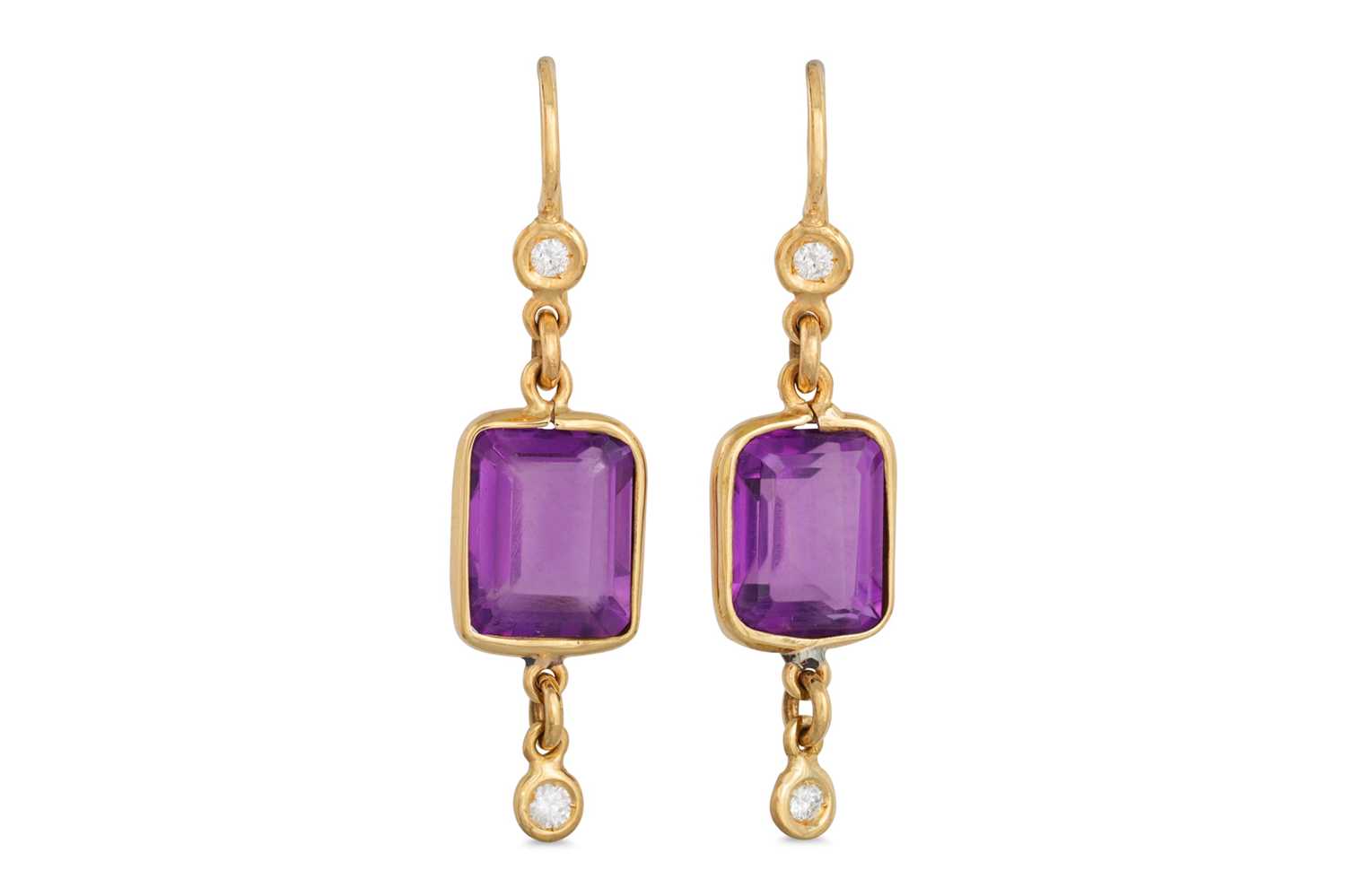 Lot 320 - A PAIR OF AMETHYST AND DROP EARRINGS, the...