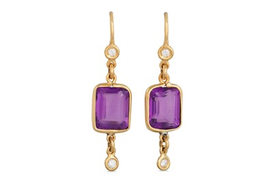 Lot 320 - A PAIR OF AMETHYST AND DROP EARRINGS, the...