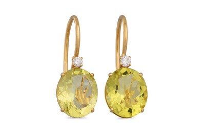 Lot 321 - A PAIR OF LEMON QUARTZ AND DIAMOND DROP...