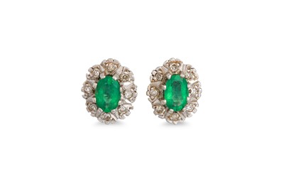 Lot 205 - A PAIR OF EMERALD AND DIAMOND CLUSTER EARRINGS,...