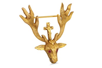 Lot 40 - A 9CT GOLD STAG OF ST.HUBERT BROOCH, ruby eyes,...