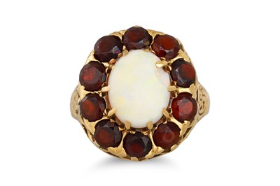 Lot 52 - A VINTAGE OPAL AND GARNET CLUSTER DRESS RING,...