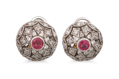 Lot 140 - A PAIR OF DIAMOND AND PINK SAPPHIRE CLUSTER...