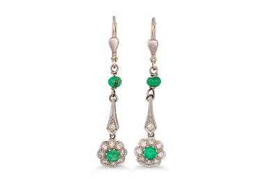 Lot 142 - A PAIR OF DIAMOND AND EMERALD EARRINGS, of...