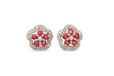 Lot 30 - A PAIR OF DIAMOND AND RUBY CLUSTER EARRINGS,...