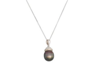 Lot 36 - A  BLACK PEARL AND DIAMOND PENDANT, on a white...