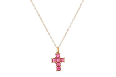 Lot 38 - A PINK TOURMALINE CROSS, mounted in 9ct yellow...