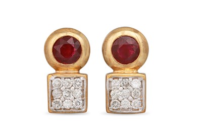 Lot 63 - A PAIR OF DIAMOND AND RUBY EARRINGS, the round...