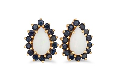 Lot 74 - A PAIR OF OPAL AND SAPPHIRE EARRINGS, the pear...