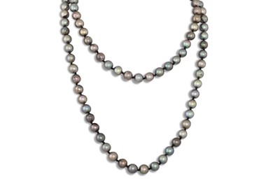 Lot 77 - A STRAND OF CULTURED BLACK PEARLS, sterling...