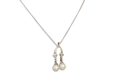 Lot 126 - A DIAMOND AND PEARL DROP PENDANT, set with old...