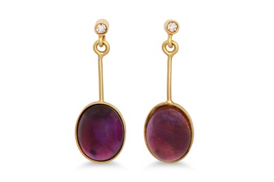 Lot 137 - A PAIR OF AMETHYST AND DIAMOND DROP EARRINGS,...