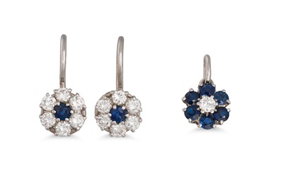 Lot 140 - A PAIR OF DIAMOND AND SAPPHIRE CLUSTER...