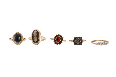 Lot 430 - FIVE 9CT GOLD DRESS RINGS, various, one...