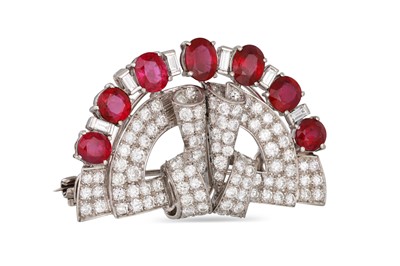 Lot 119 - A VINTAGE RUBY AND DIAMOND DOUBLE CLIP BROOCH,...