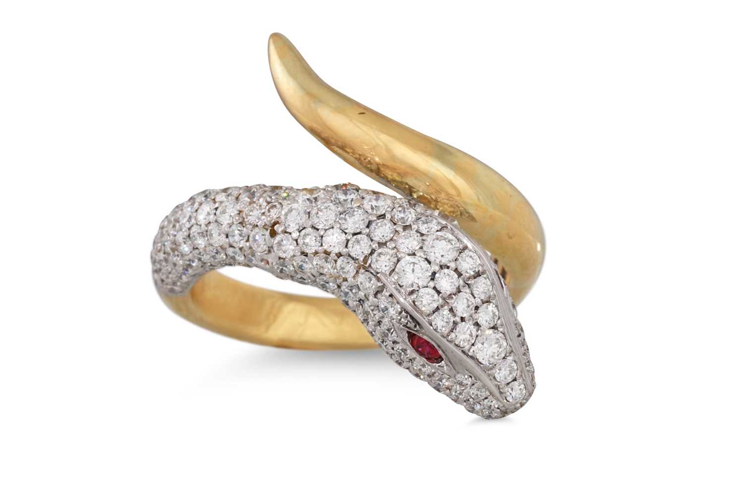 Lot 179 - A DIAMOND SET SNAKE RING, pavé set in yellow...