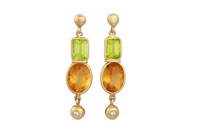 Lot 110 - A PAIR OF DIAMOND, PERIDOT AND CITRINE DROP...