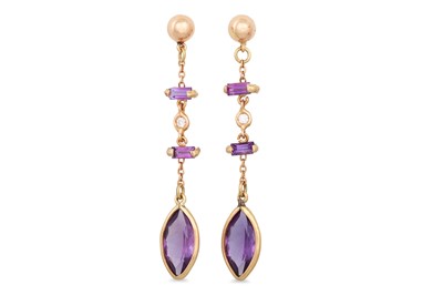 Lot 111 - A PAIR OF AMETHYST AND DIAMOND DROP EARRINGS,...