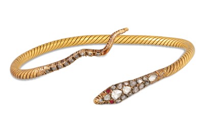 Lot 327 - AN ANTIQUE DIAMOND SET SNAKE BANGLE, rose cut...