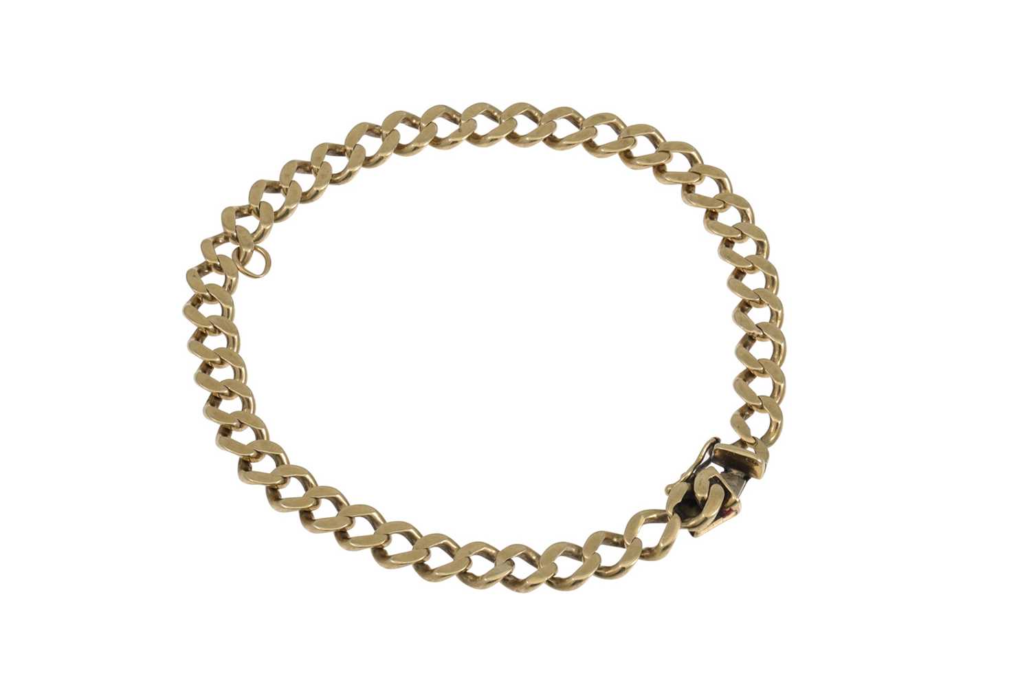 Lot 361 - A 9CT GOLD FLAT CURB LINK BRACELET, 12.8 g.