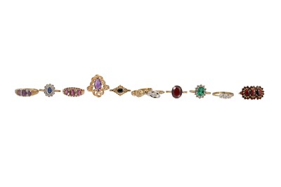 Lot 363 - ELEVEN VARIOUS GEM SET RINGS, in 9ct gold,...