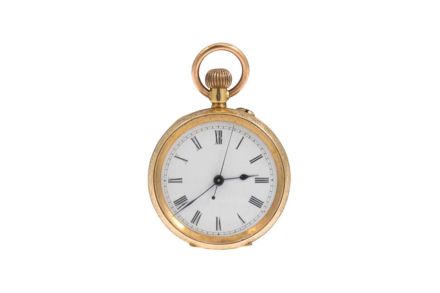 Lot 365 - AN 18CT GOLD OPEN FACED FOB WATCH, engraved...