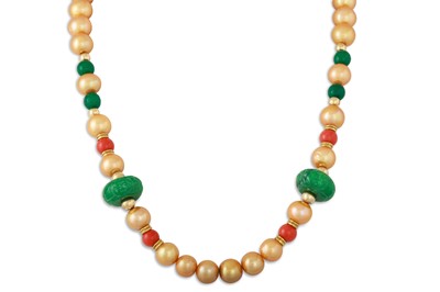 Lot 258 - A PEARL, JADE AND CORAL NECKLACE, the gold...