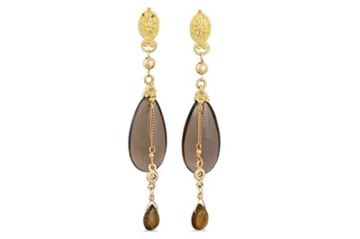 Lot 269 - A PAIR OF SMOKEY QUARTZ AND DIAMOND DROP...