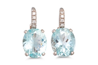 Lot 276 - A PAIR OF AQUAMARINE AND DIAMOND EARRINGS, set...