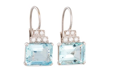 Lot 277 - A PAIR OF AQUAMARINE AND DIAMOND EARRINGS, the...