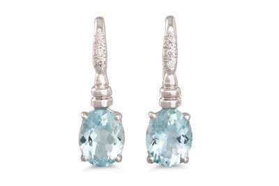 Lot 278 - A PAIR OF AQUAMARINE AND DIAMOND EARRINGS, set...