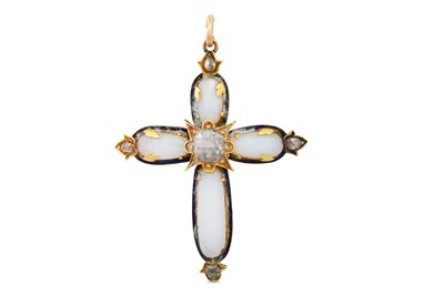 Lot 232 - AN ANTIQUE DIAMOND AND ENAMEL CROSS, set to...