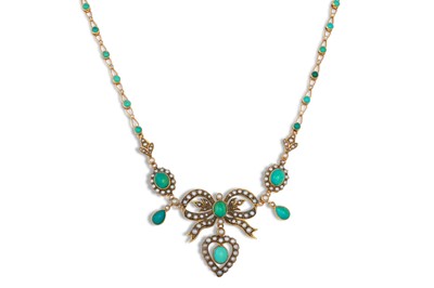 Lot 144 - AN ANTIQUE TURQUOISE AND SEED PEARL PENDANT,...