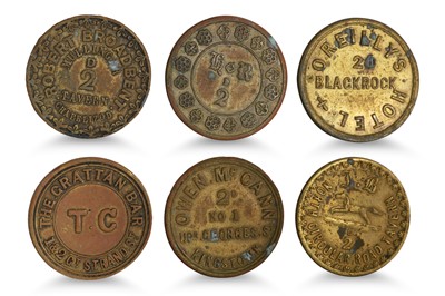 Lot 380 - 1800s 6 X IRISH 2d DUBLIN TAVERN BRASS TOKENS;...