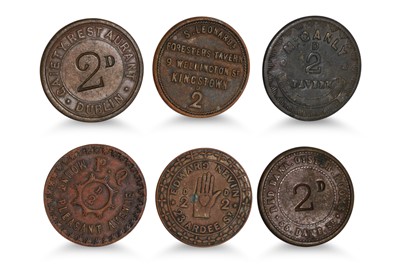 Lot 381 - 1800s 6 X IRISH 2d DUBLIN TAVERN COPPER TOKENS;...